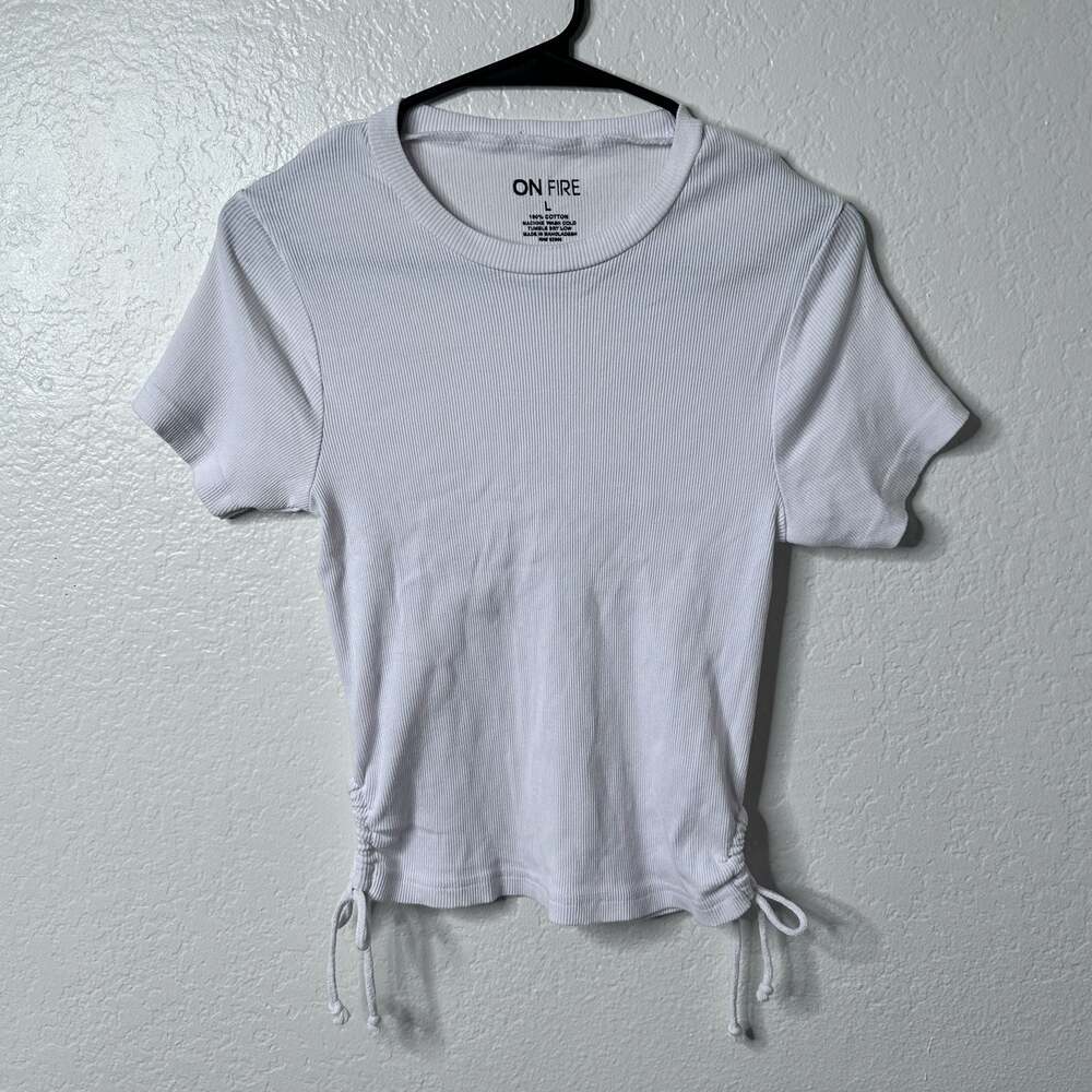 On Fire White Ribbed Short Sleeve w/ Side Drawstring Ruched Detail - M/L